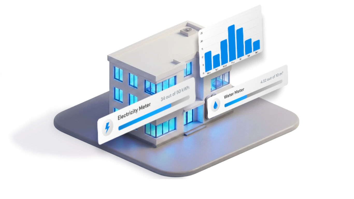 Illustration of a modern building with smart metering and connected utilities